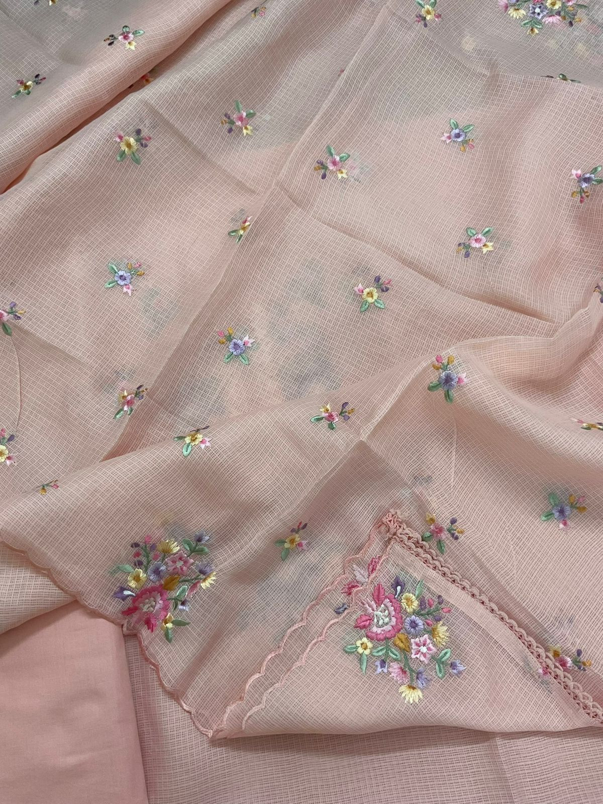 Soft Kota Silk Embroidered Suit - Peach