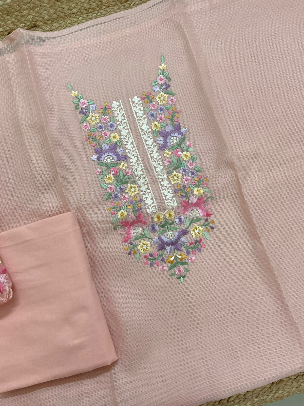Soft Kota Silk Embroidered Suit - Peach
