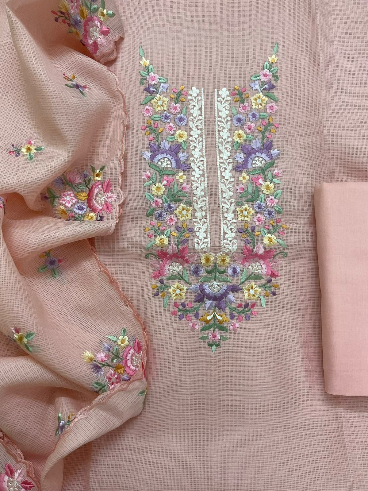 Soft Kota Silk Embroidered Suit - Peach