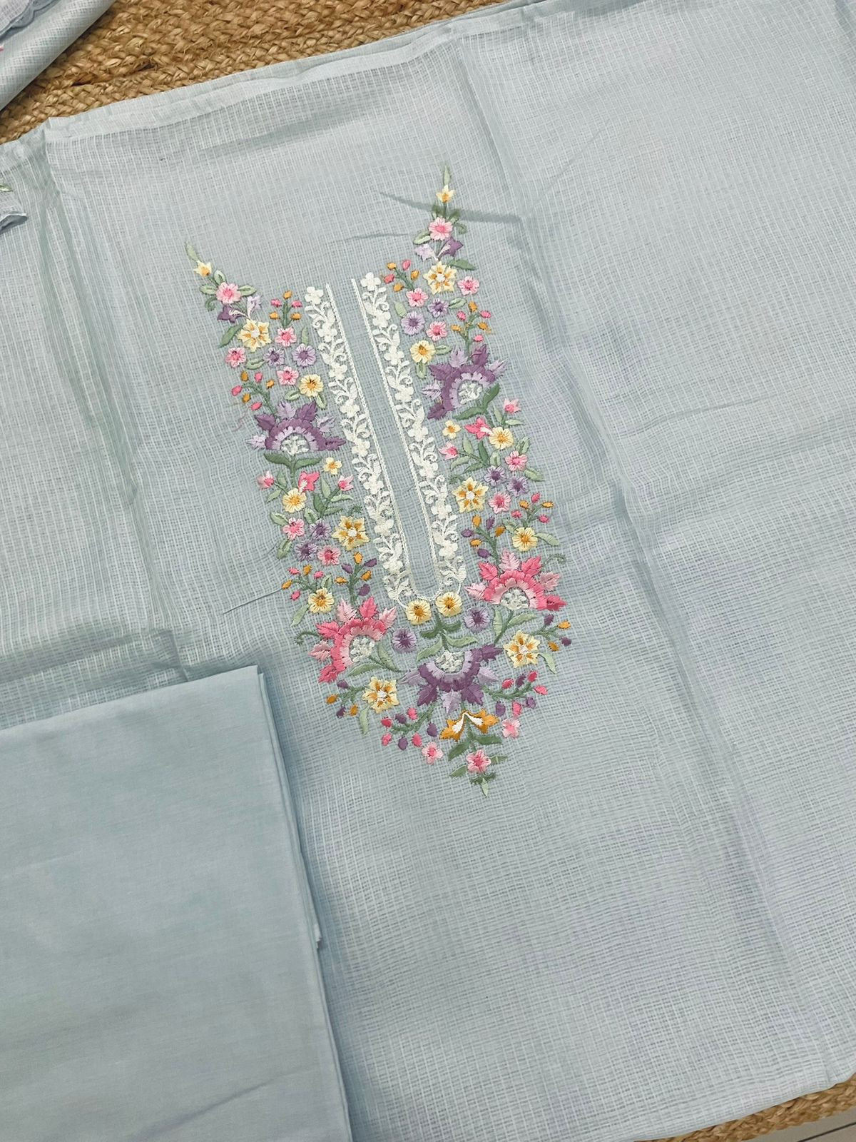 Soft Kota Silk Embroidered Suit - Grey