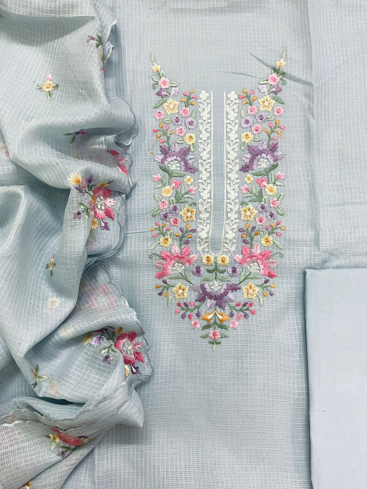 Soft Kota Silk Embroidered Suit - Grey