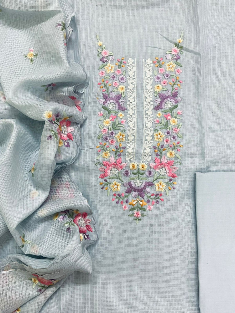 Image of Soft Kota Silk Embroidered Suit - Grey