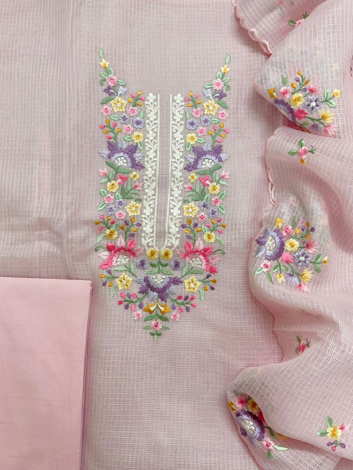 Soft Kota Silk Embroidered Suit - Pink
