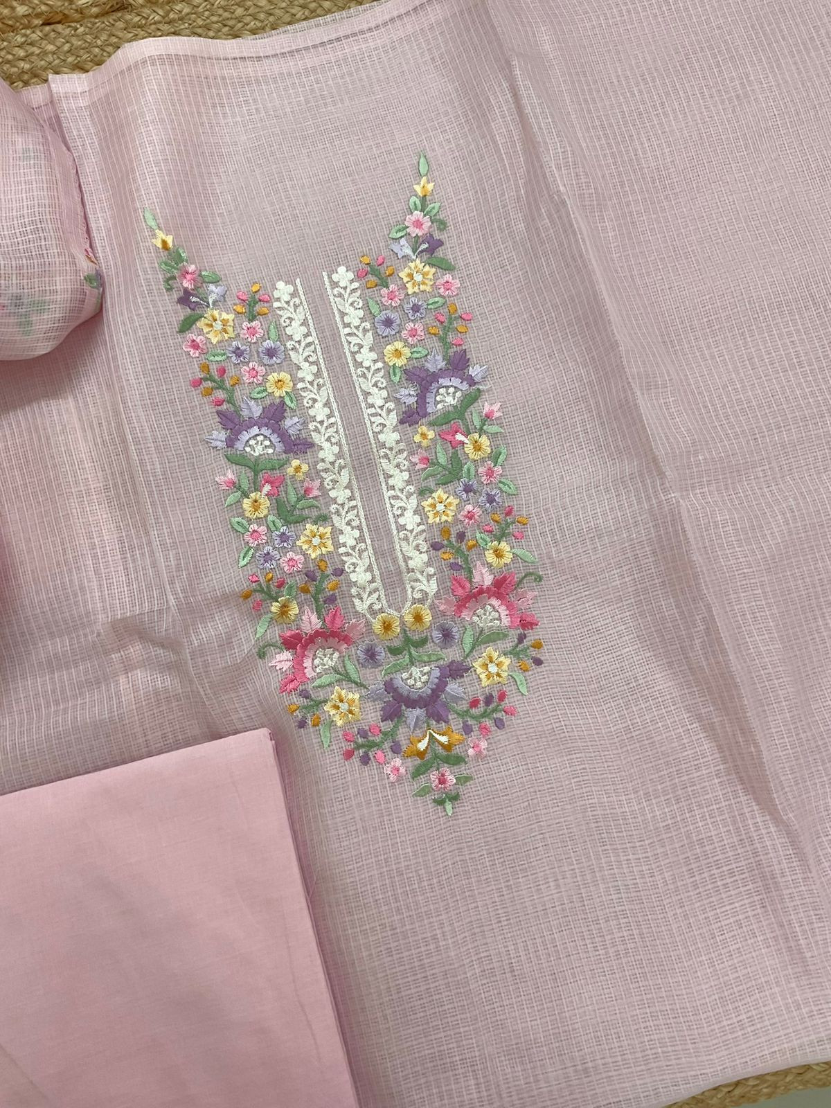 Soft Kota Silk Embroidered Suit - Pink