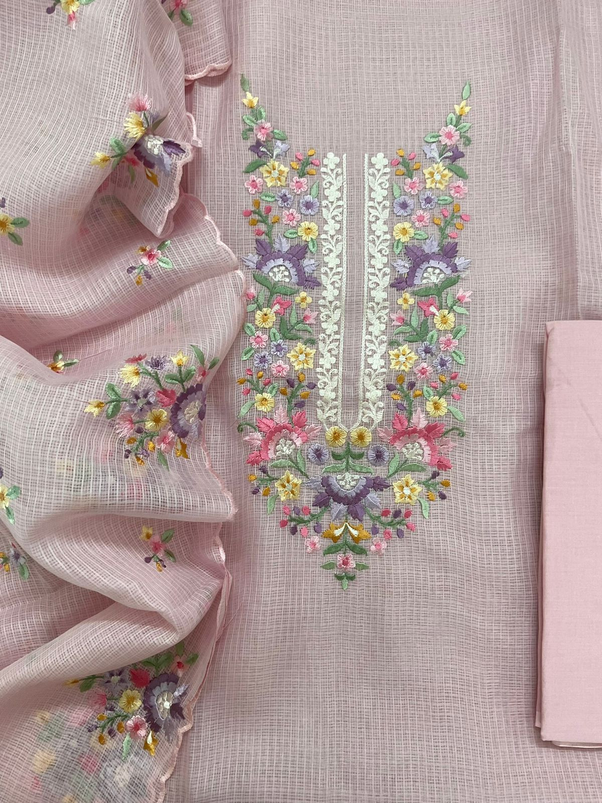 Soft Kota Silk Embroidered Suit - Pink