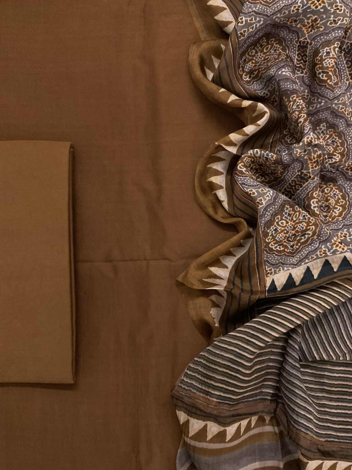 Pure Maheshwari Silk Printed Suit - Brown