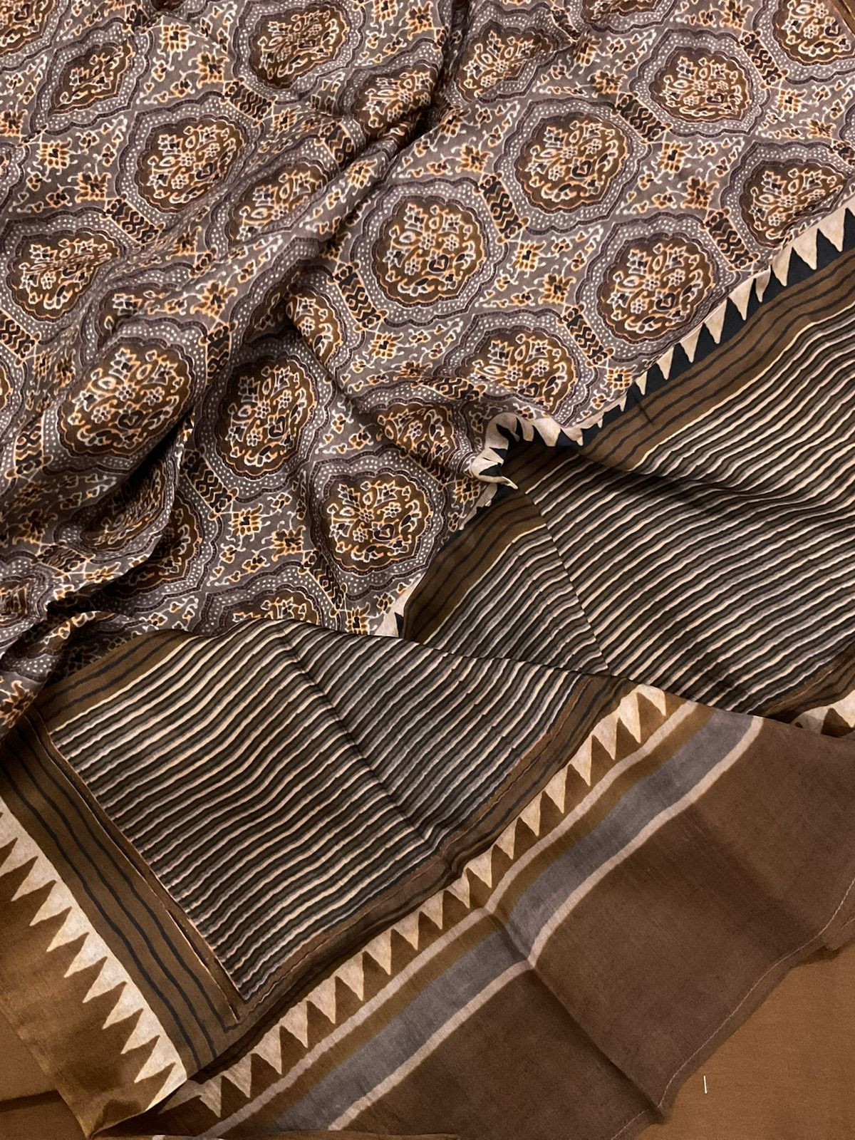 Pure Maheshwari Silk Printed Suit - Brown