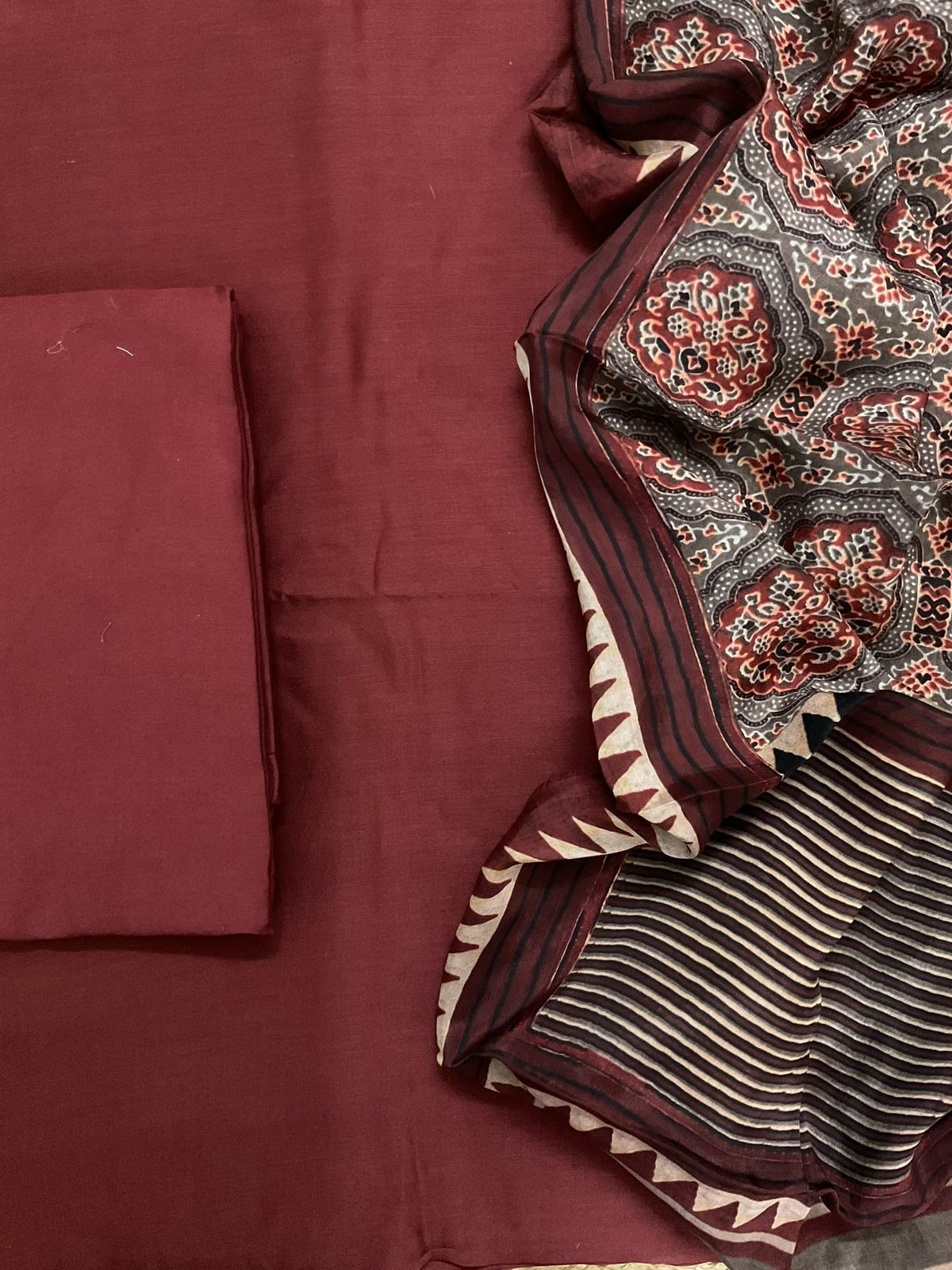 Pure Maheshwari Silk Printed Suit - Maroon