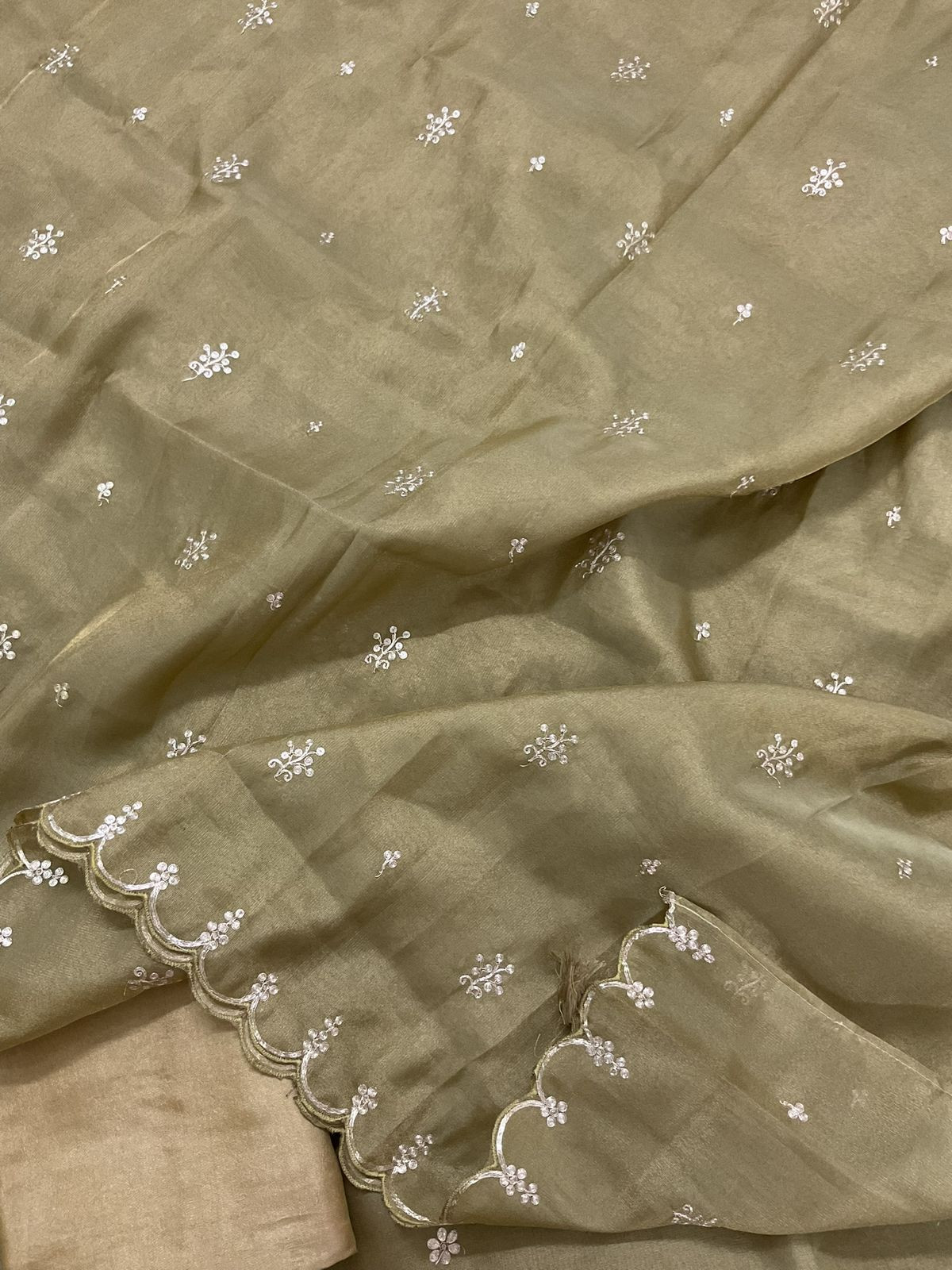 Soft Tissue Shimmer Silk Embroidered Suit - Greenish Golden