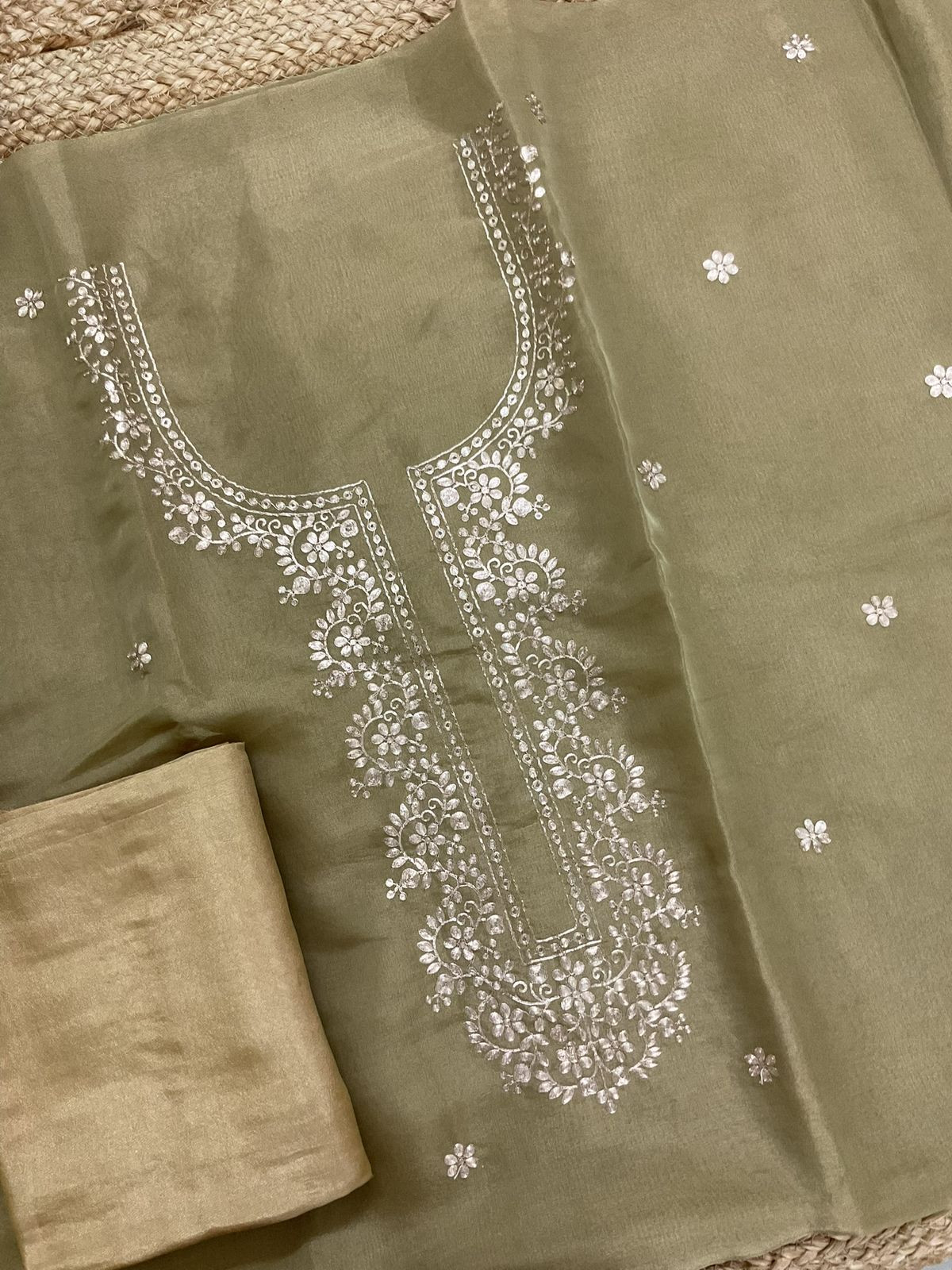 Soft Tissue Shimmer Silk Embroidered Suit - Greenish Golden