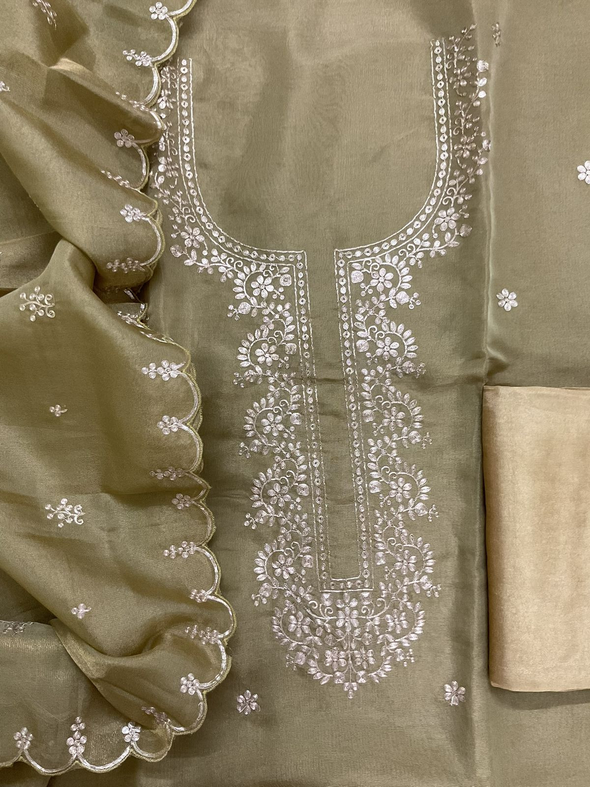 Soft Tissue Shimmer Silk Embroidered Suit - Greenish Golden