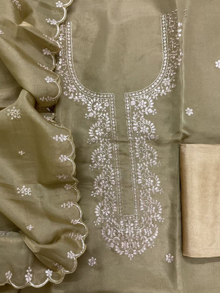 Image of Soft Tissue Shimmer Silk Embroidered Suit - Greenish Golden