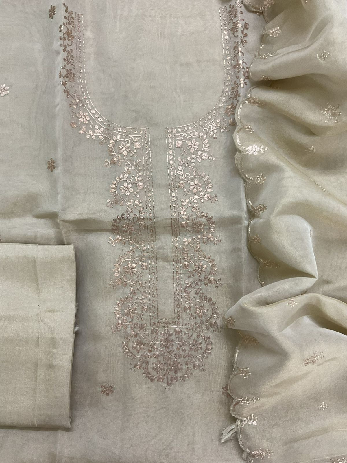 Soft Tissue Shimmer Silk Embroidered Suit - Beige