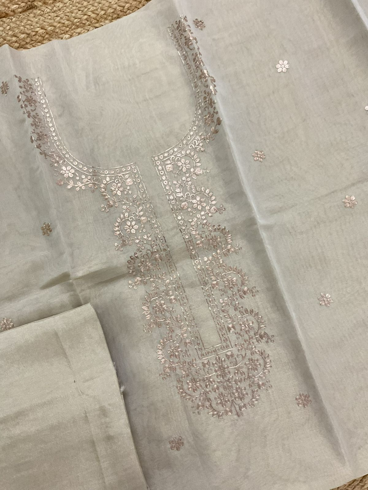 Soft Tissue Shimmer Silk Embroidered Suit - Beige