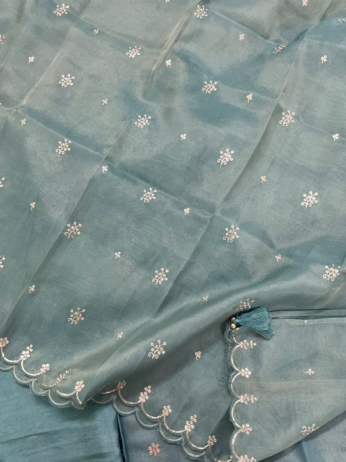 Soft Tissue Shimmer Silk Embroidered Suit - Blue