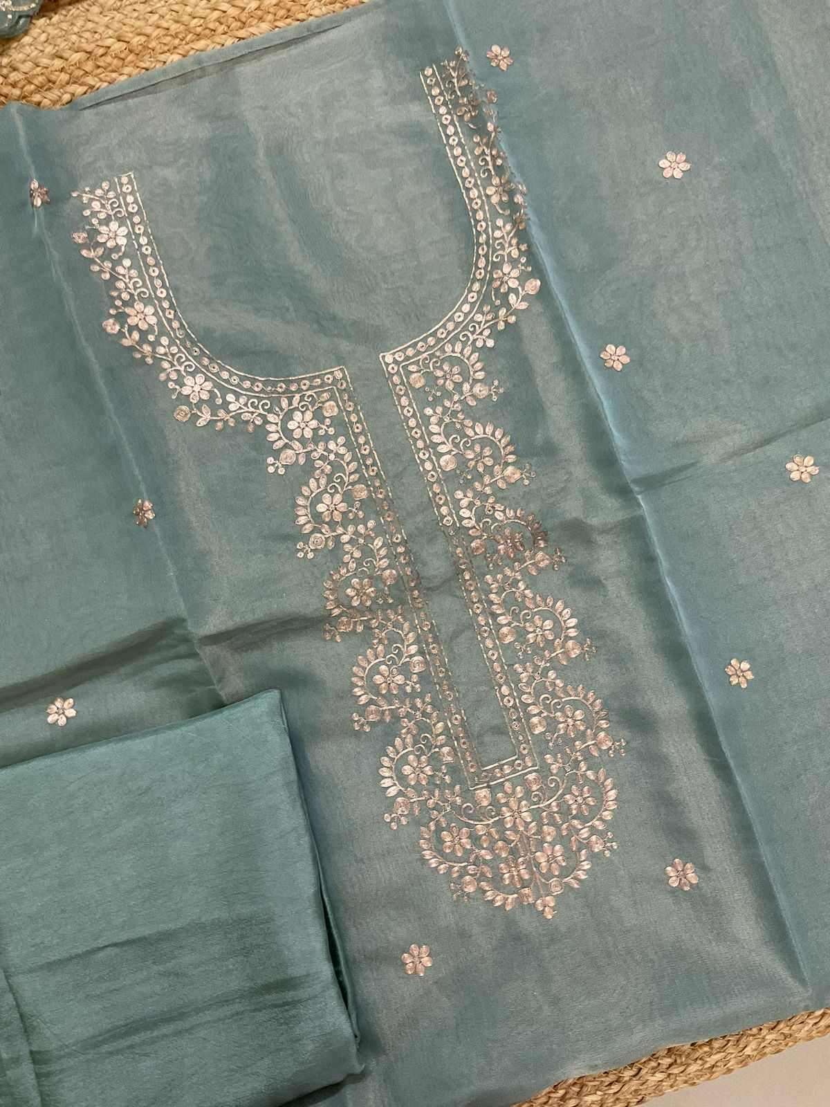 Soft Tissue Shimmer Silk Embroidered Suit - Blue