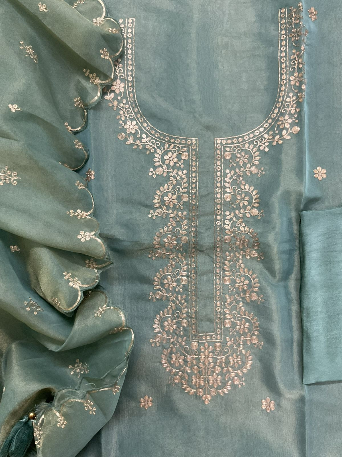 Soft Tissue Shimmer Silk Embroidered Suit - Blue
