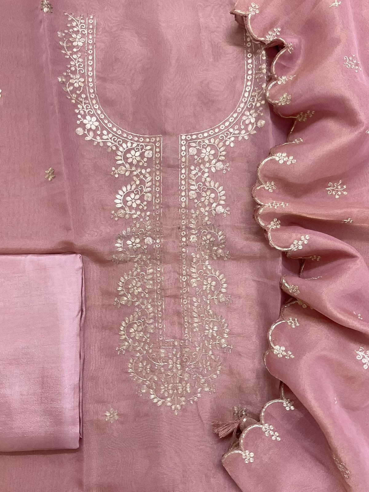 Soft Tissue Shimmer Silk Embroidered Suit - Onion Pink