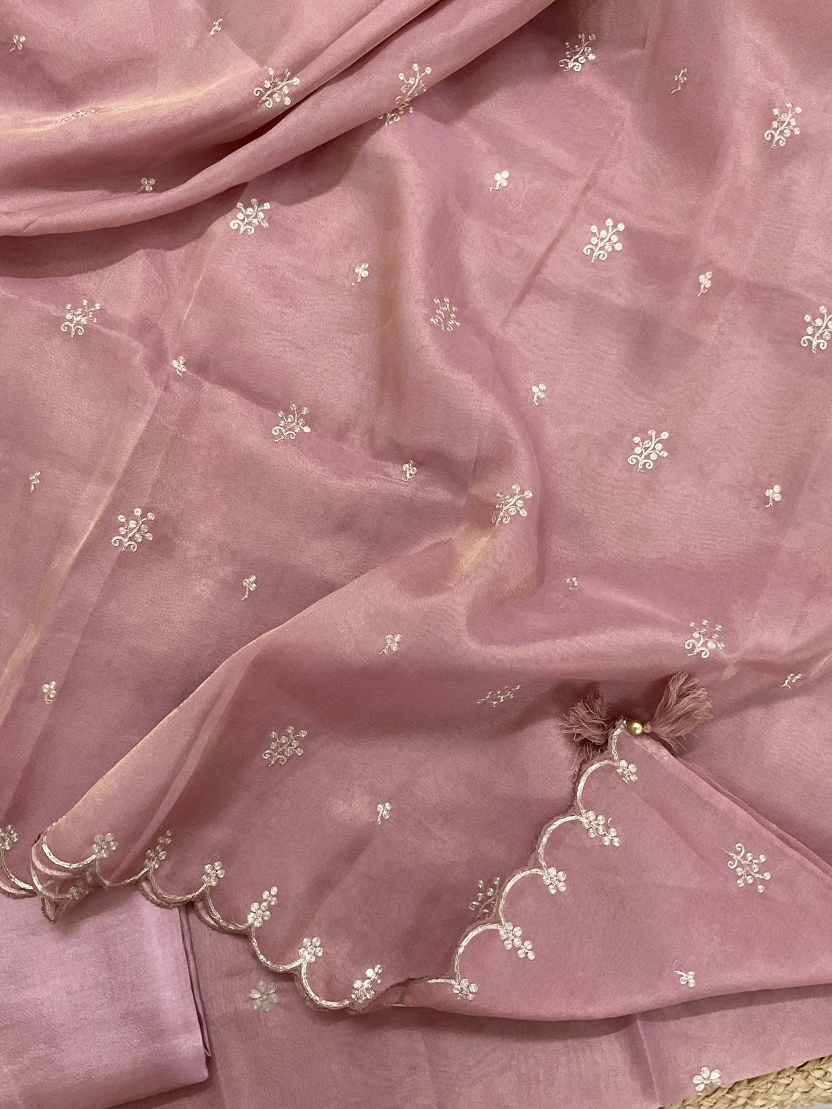 Soft Tissue Shimmer Silk Embroidered Suit - Onion Pink