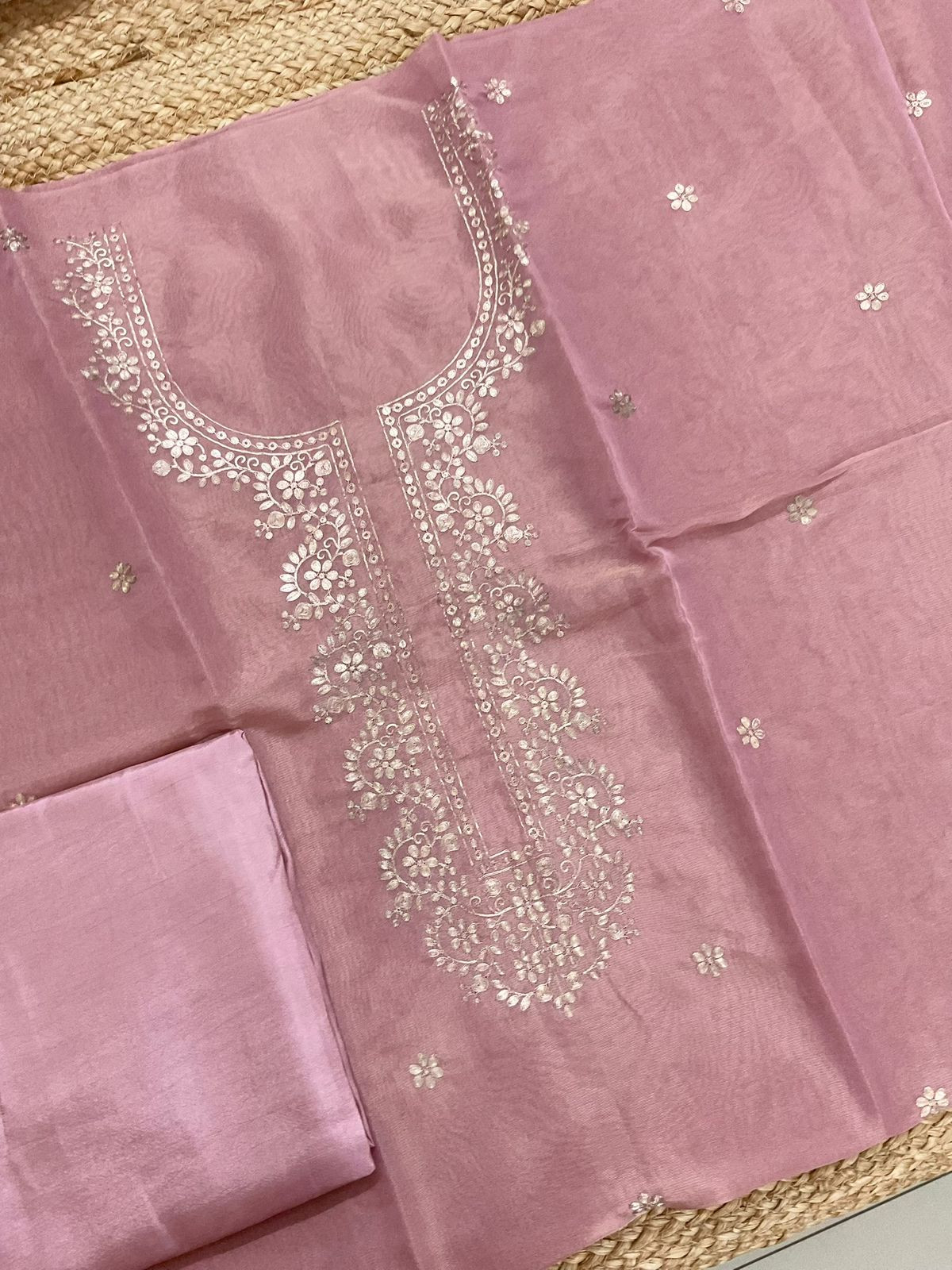 Soft Tissue Shimmer Silk Embroidered Suit - Onion Pink
