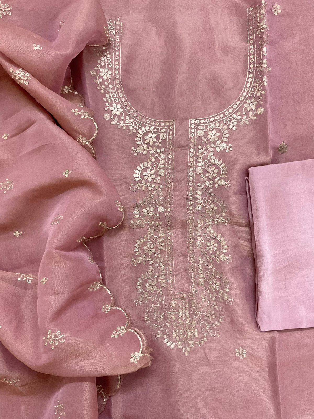 Soft Tissue Shimmer Silk Embroidered Suit - Onion Pink