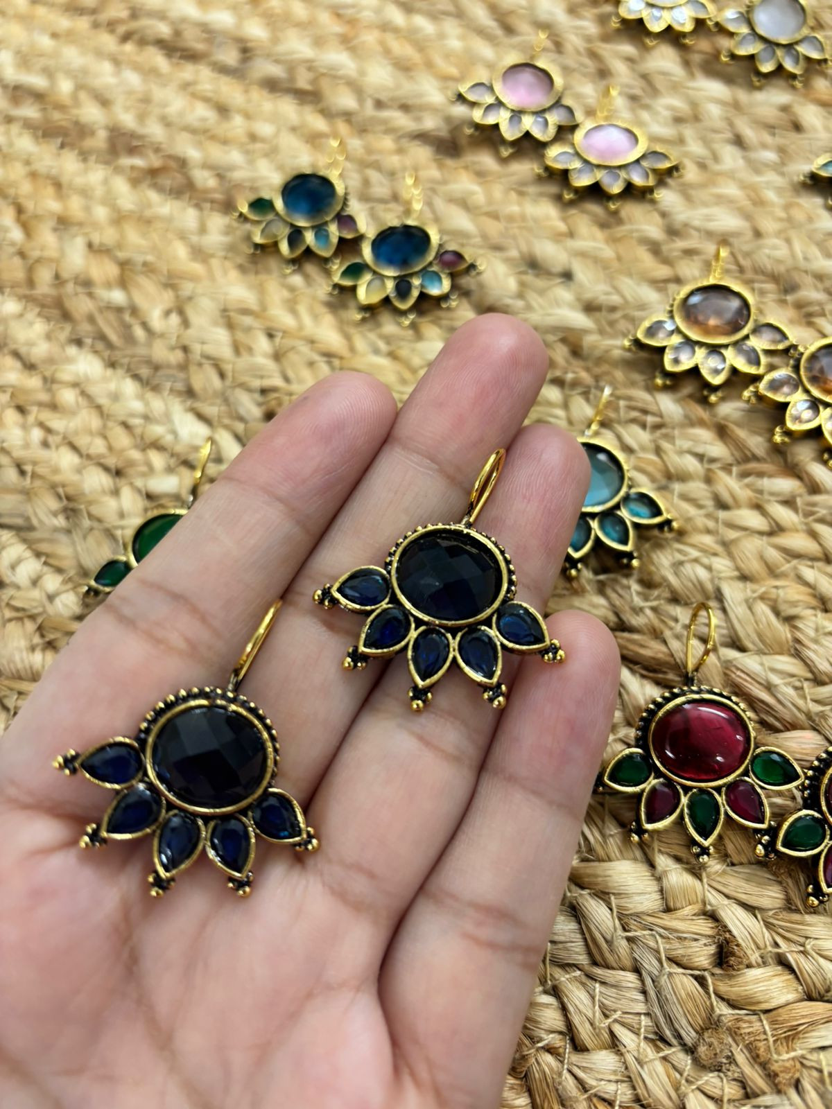 Metallic Oxidised Gold Earrings - Blue
