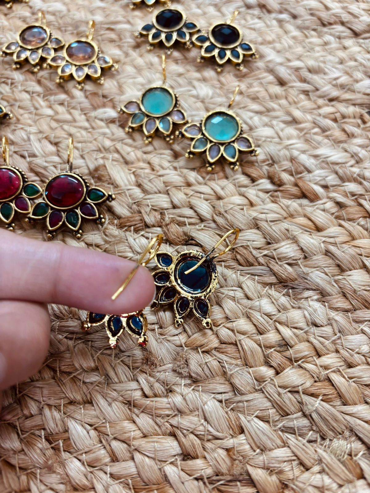 Metallic Oxidised Gold Earrings - Maroon Green