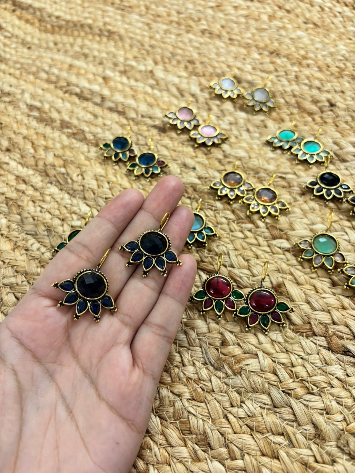 Metallic Oxidised Gold Earrings - Blue