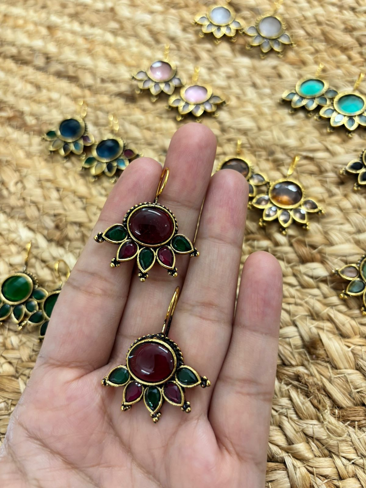 Metallic Oxidised Gold Earrings - Maroon Green