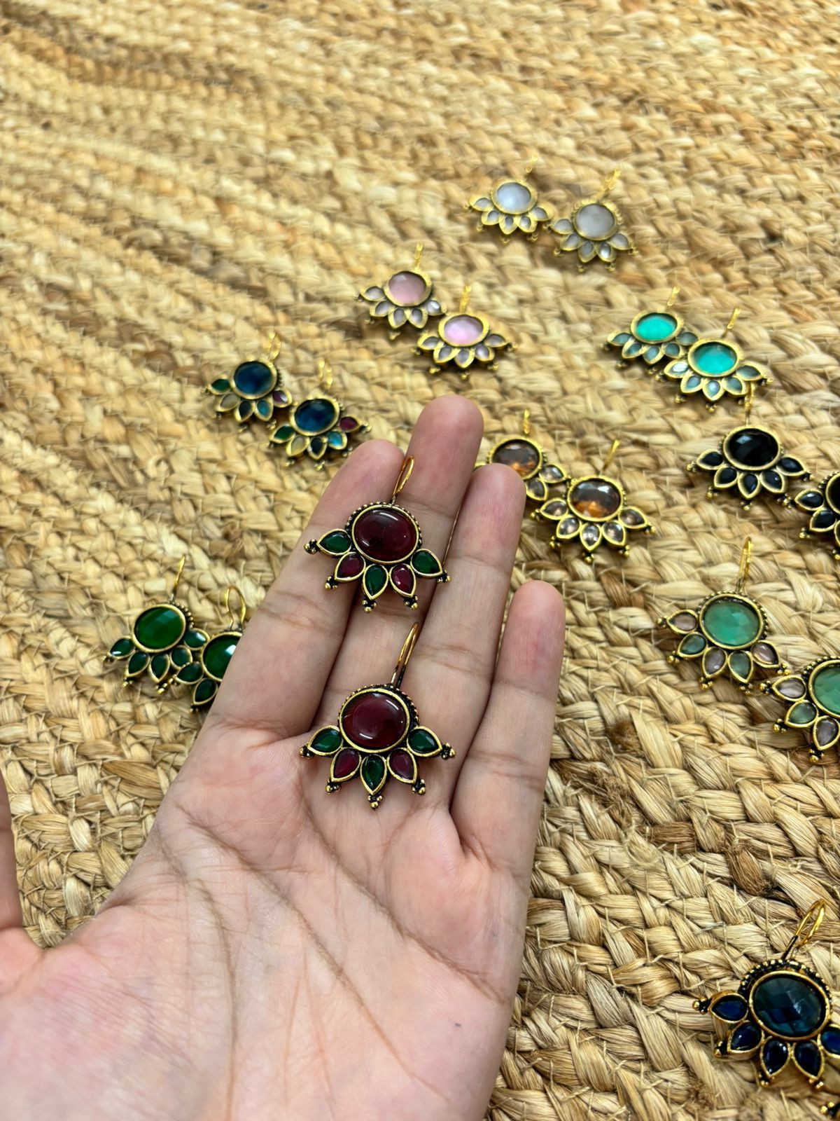 Metallic Oxidised Gold Earrings - Maroon Green