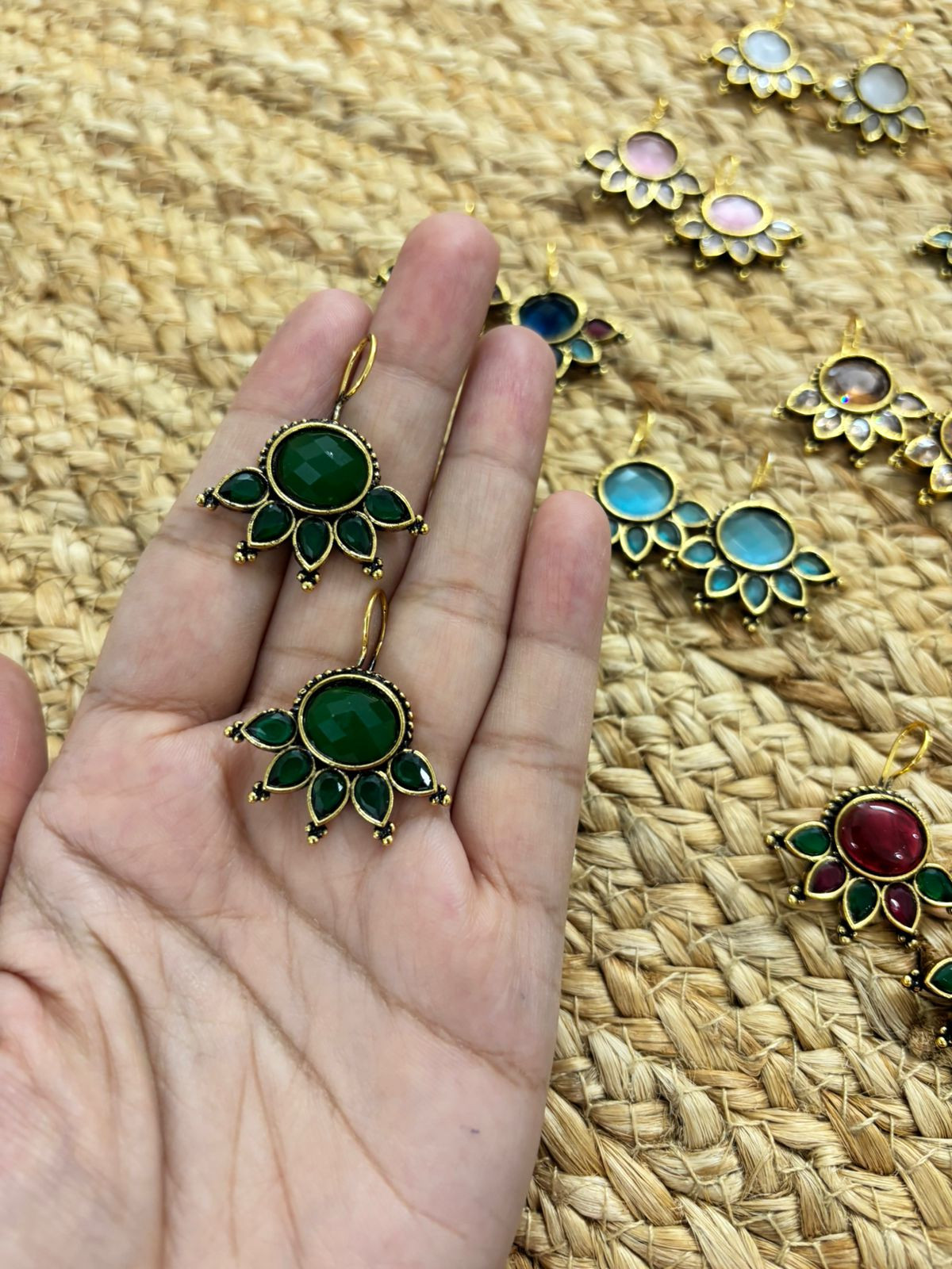 Metallic Oxidised Gold Earrings - Green