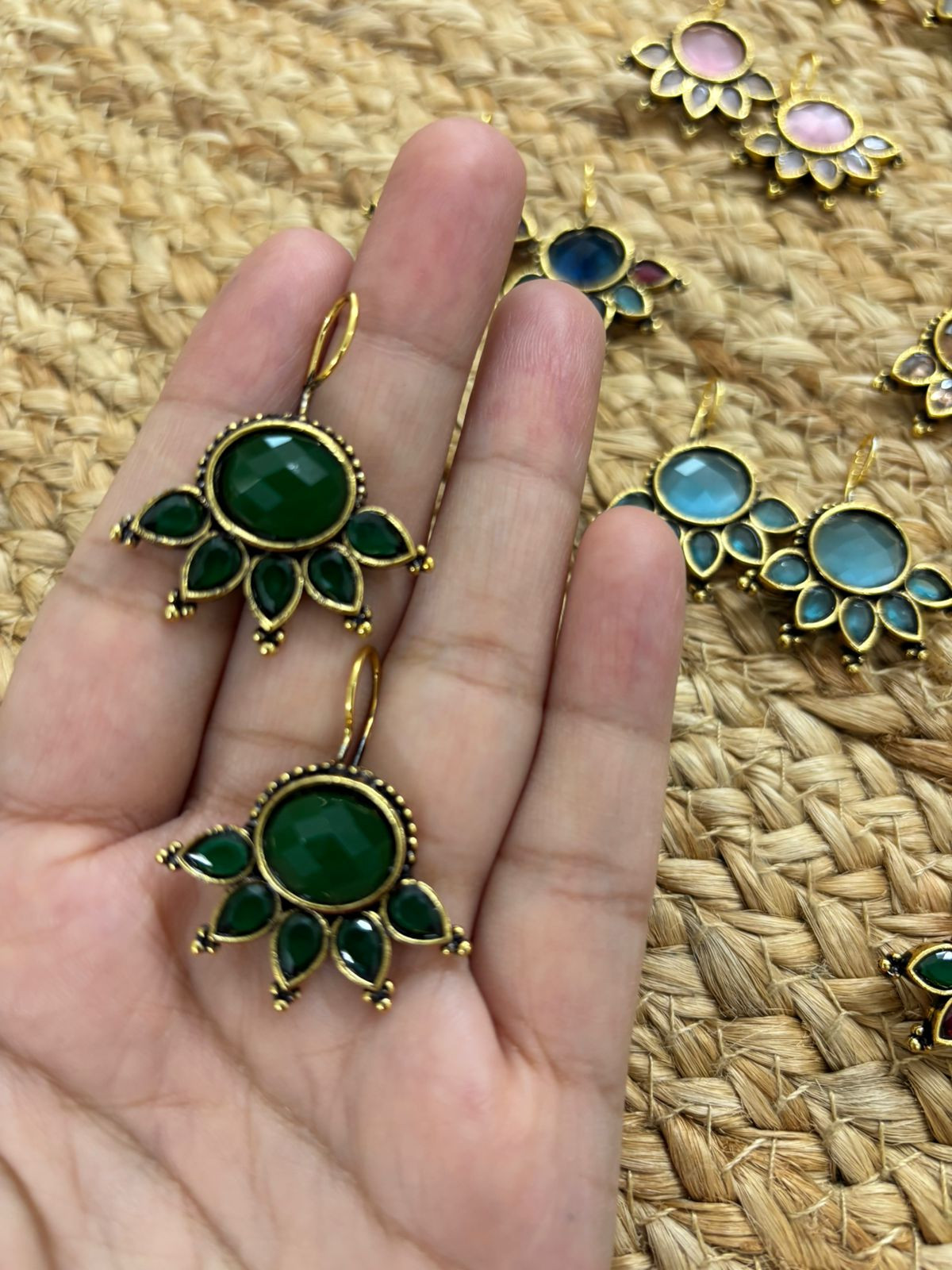 Metallic Oxidised Gold Earrings - Green