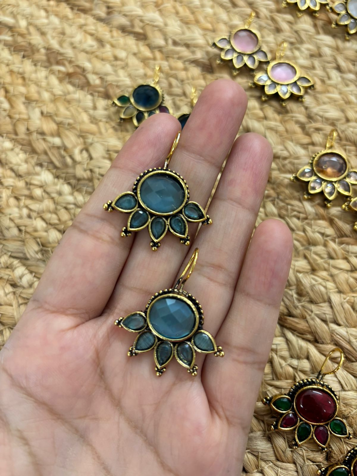 Metallic Oxidised Gold Earrings - Sea Blue