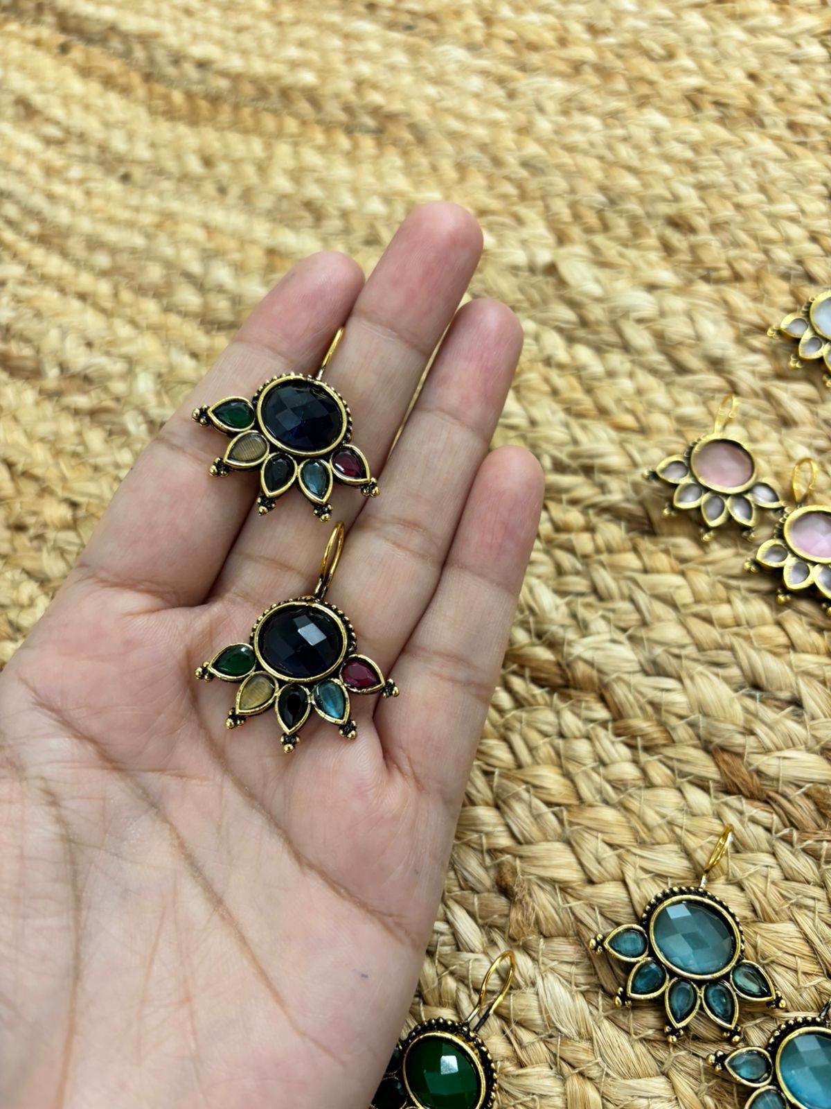 Metallic Oxidised Gold Earrings - Blue Multi