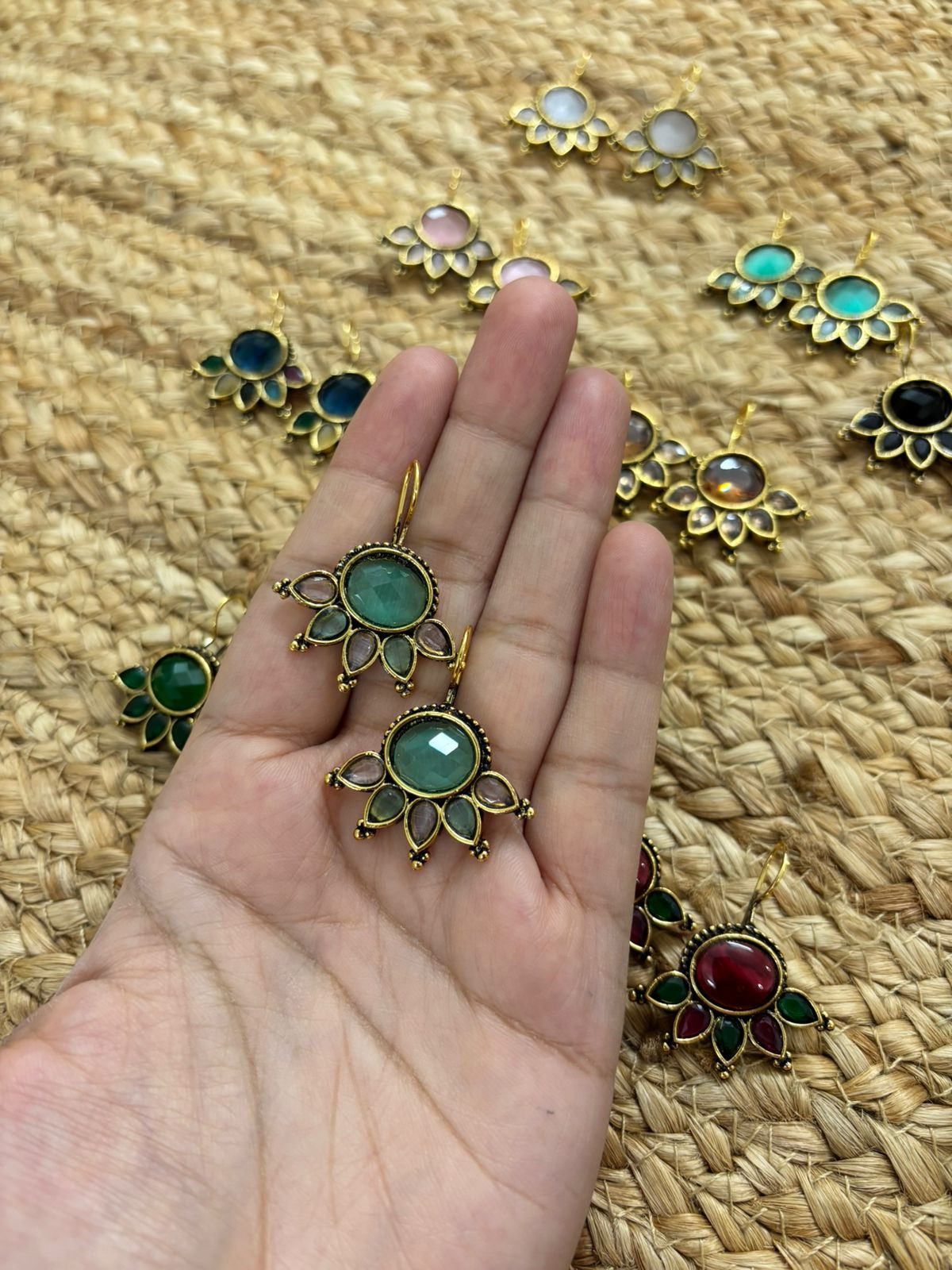 Metallic Oxidised Gold Earrings - Sea Green Pink