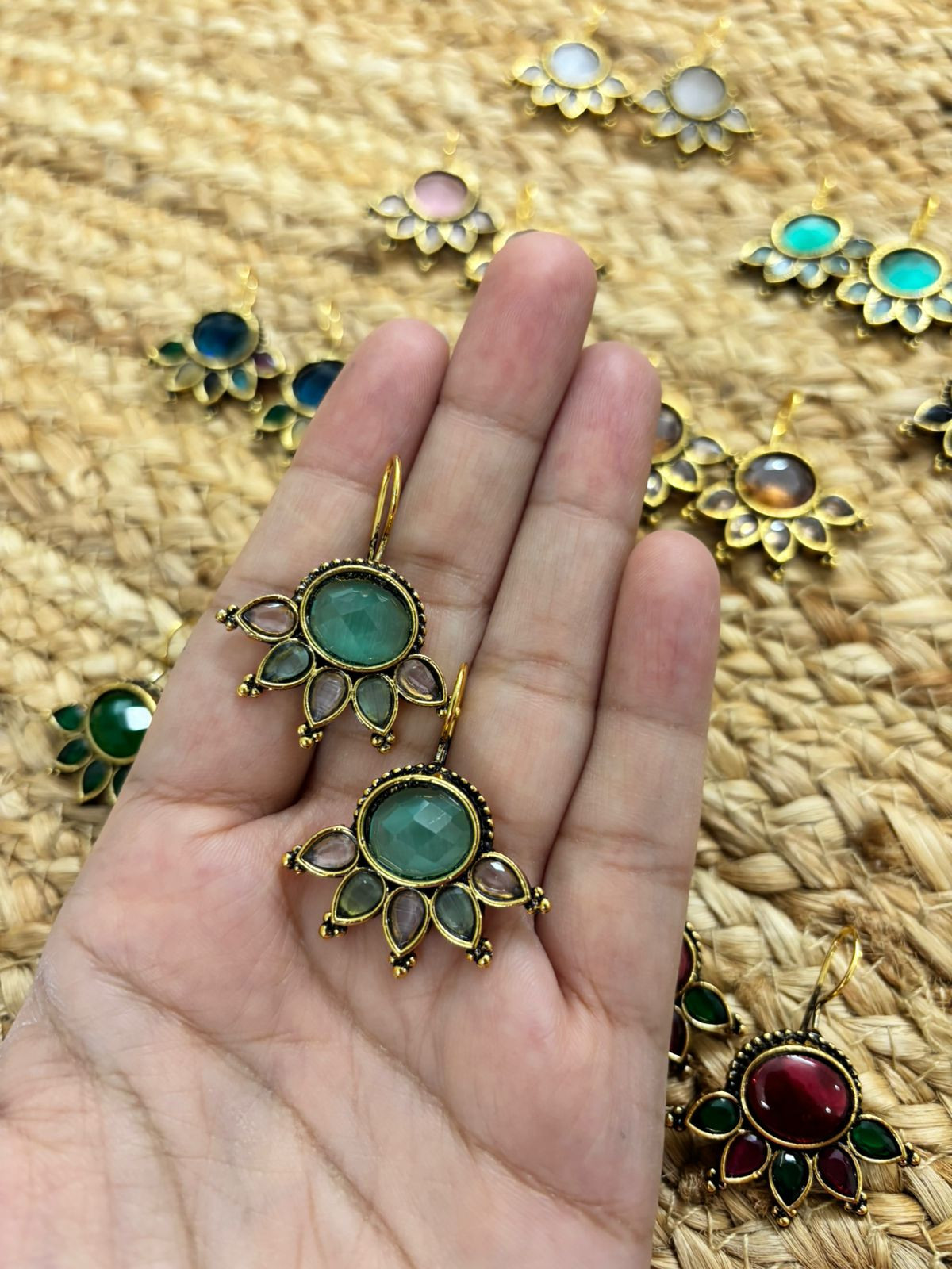 Metallic Oxidised Gold Earrings - Sea Green Pink
