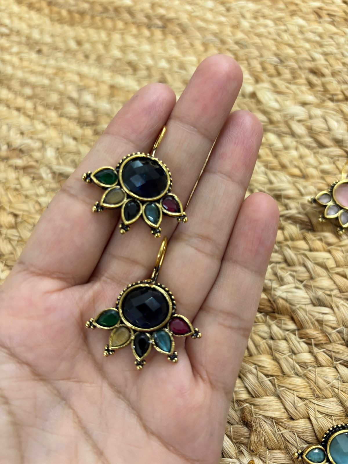 Metallic Oxidised Gold Earrings - Blue Multi