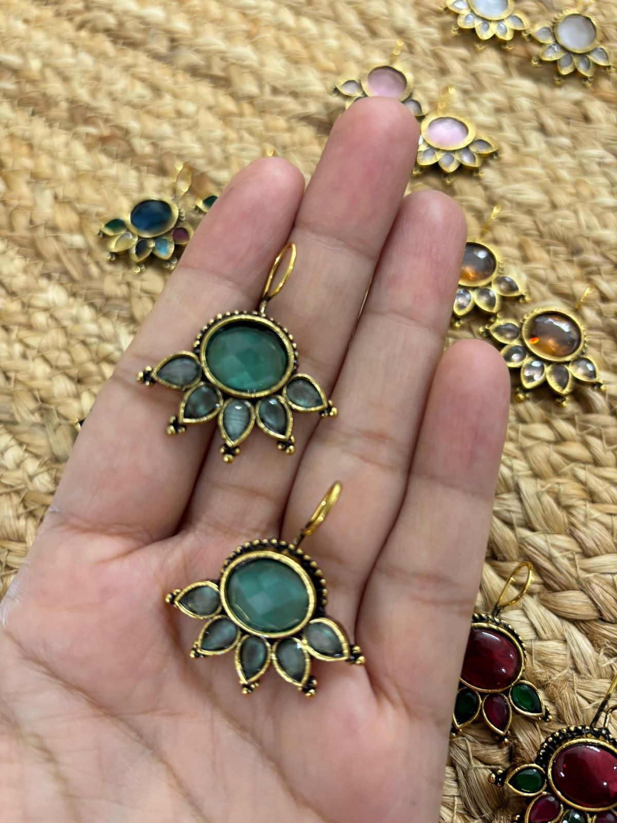 Metallic Oxidised Gold Earrings - Sea Green