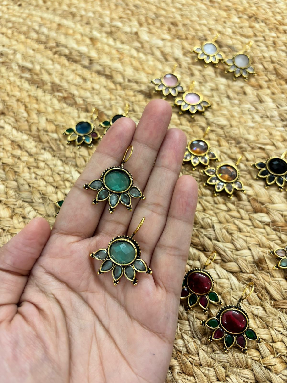 Metallic Oxidised Gold Earrings - Sea Green