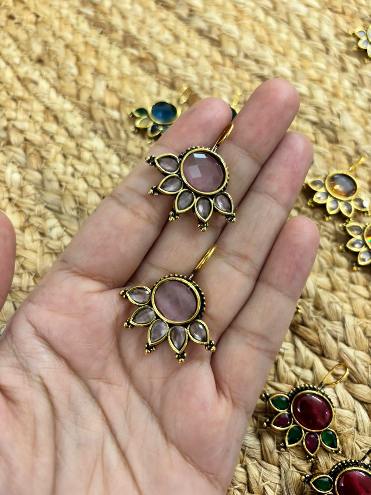 Metallic Oxidised Gold Earrings - Pink