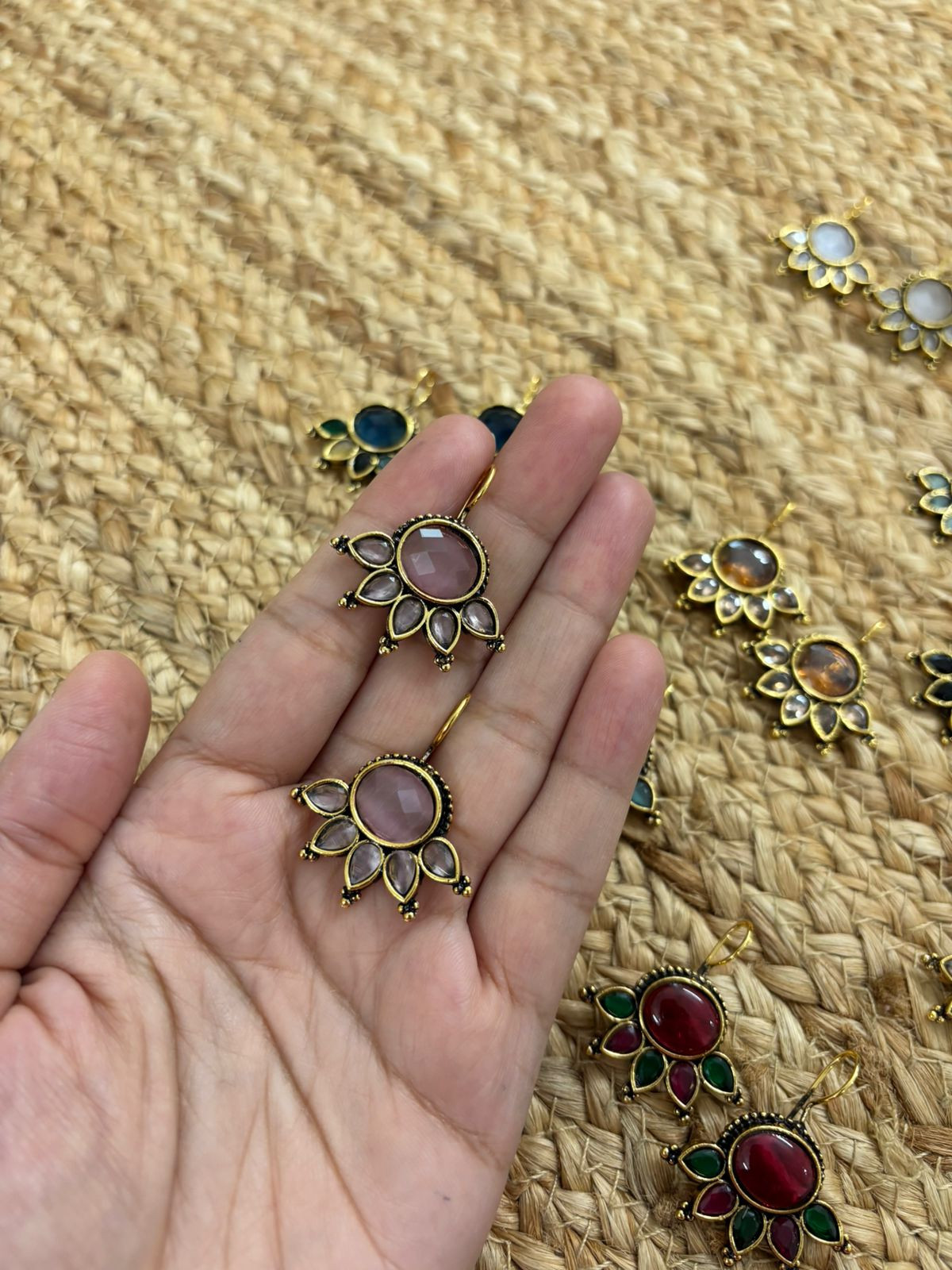 Metallic Oxidised Gold Earrings - Pink