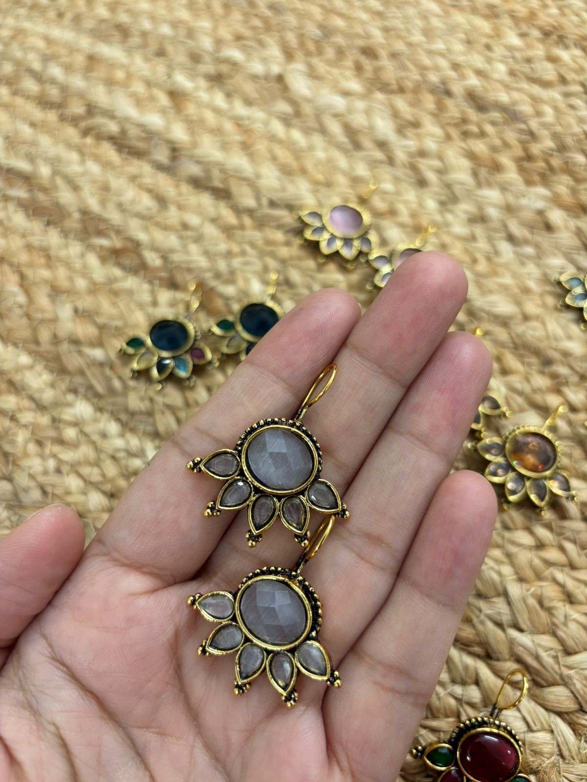 Metallic Oxidised Gold Earrings - White