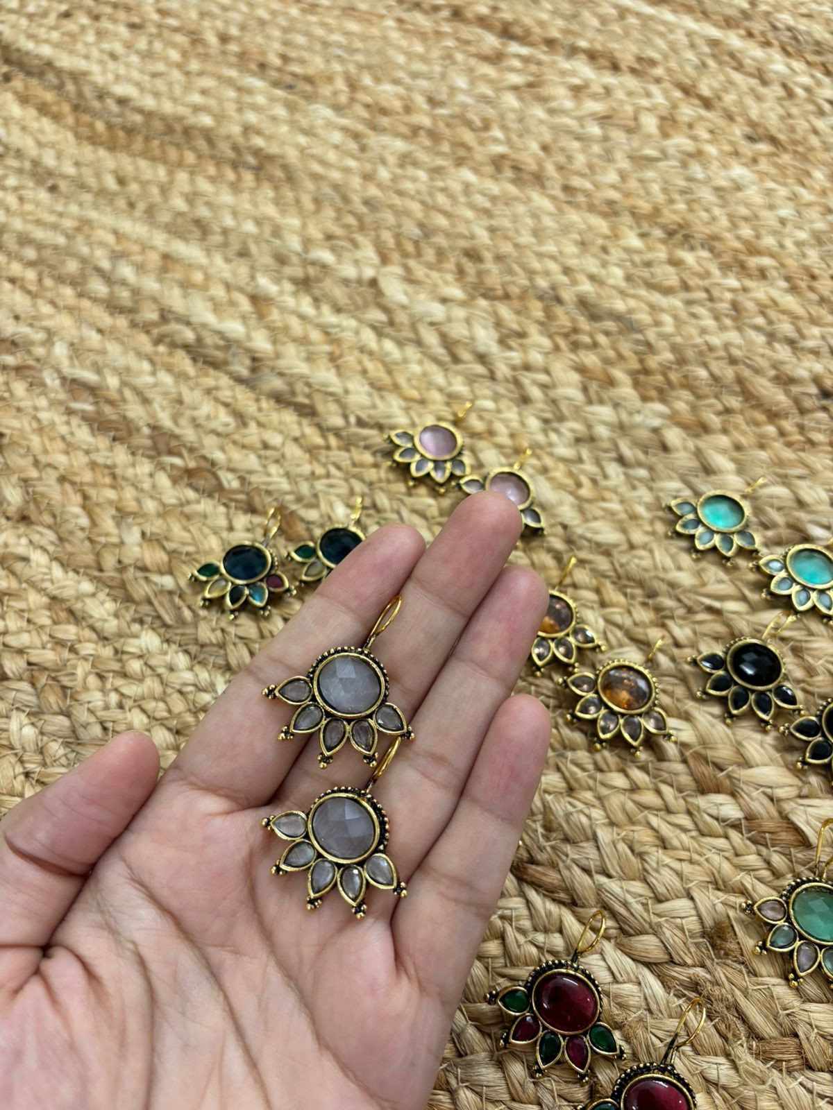 Metallic Oxidised Gold Earrings - White