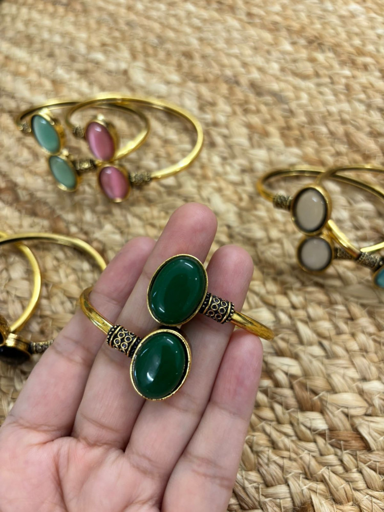 Image of Metallic Oxidised Adjustable Gold Bangle - Green