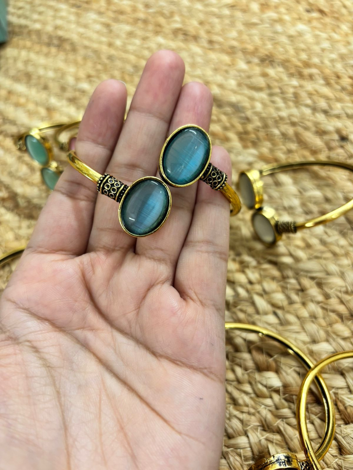 Metallic Oxidised Adjustable Gold Bangle - Sea Blue