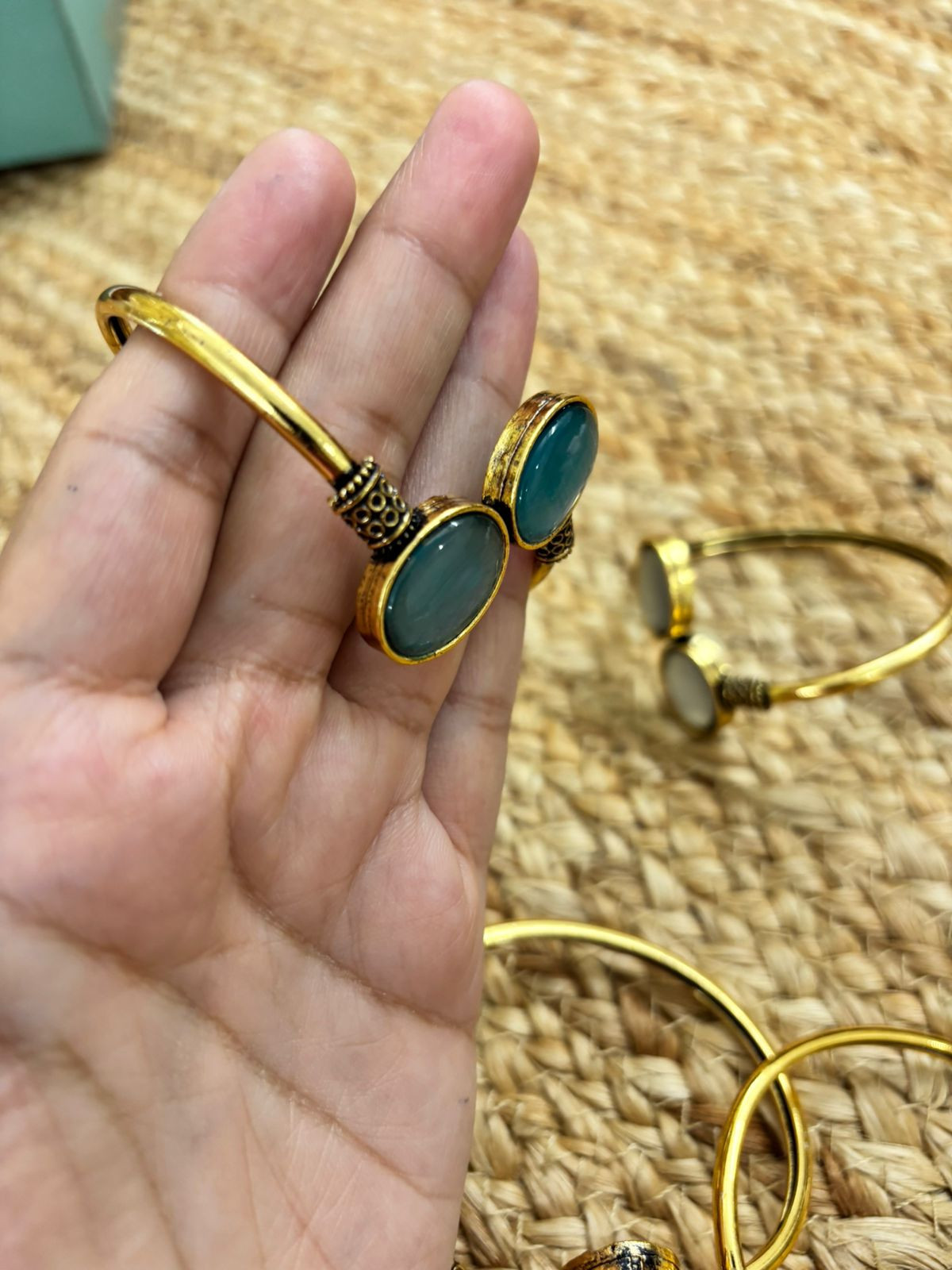 Metallic Oxidised Adjustable Gold Bangle - Sea Blue