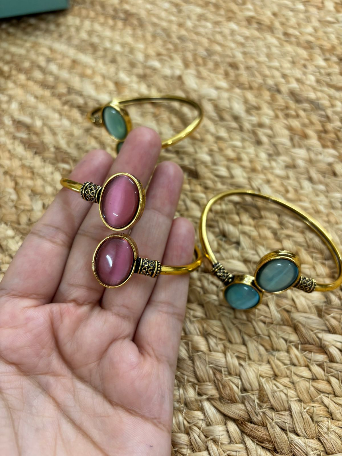 Metallic Oxidised Adjustable Gold Bangle - Pink