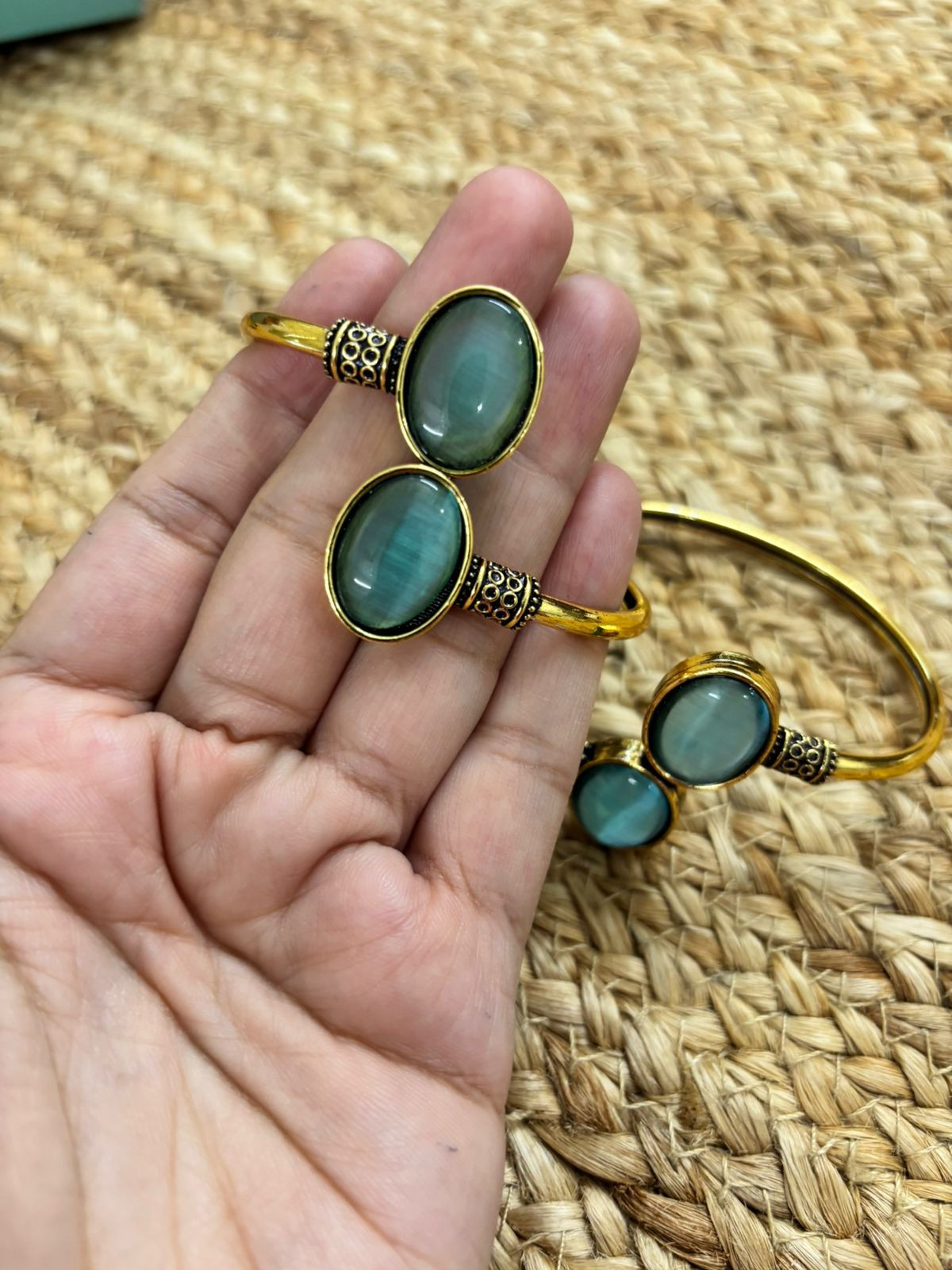 Metallic Oxidised Adjustable Gold Bangle - Sea Green