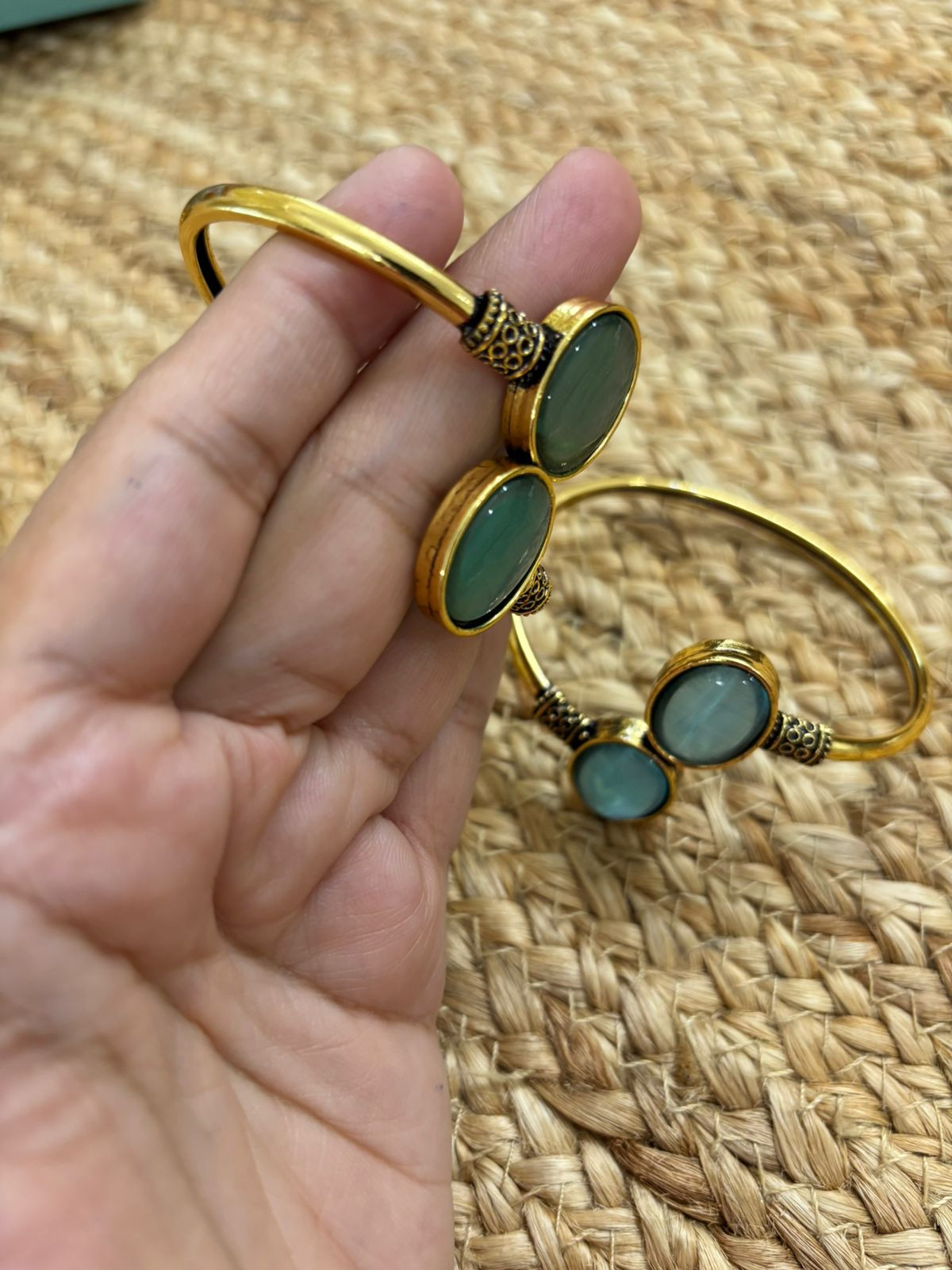 Metallic Oxidised Adjustable Gold Bangle - Sea Green