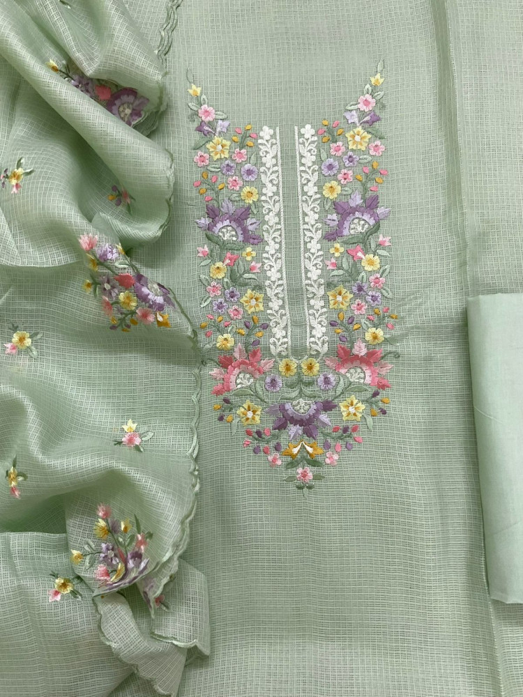 Image of Soft Kota Silk Embroidered Suit - Green
